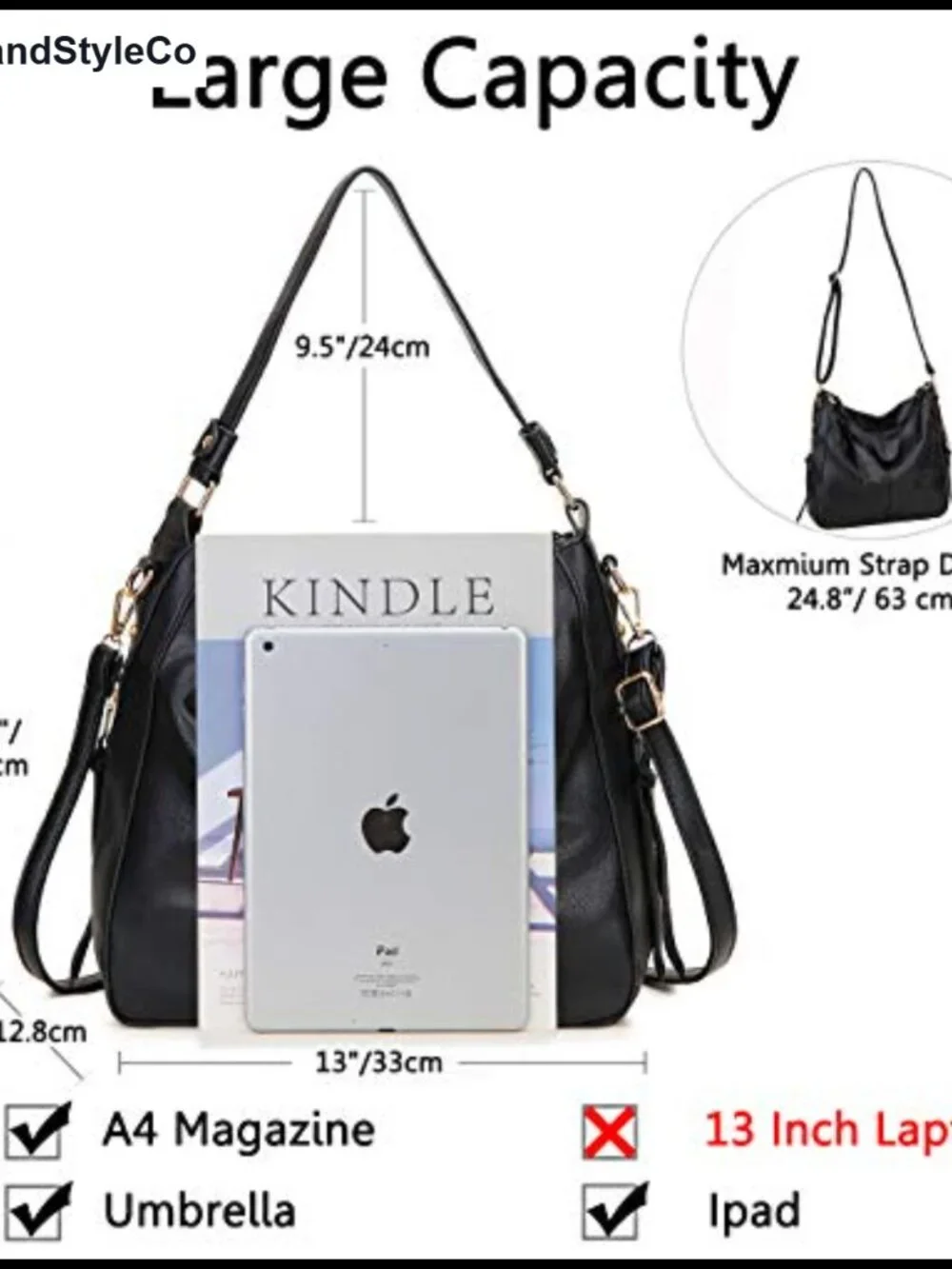 Faux Leather Hobo Shoulder Bag Fits 10.9
